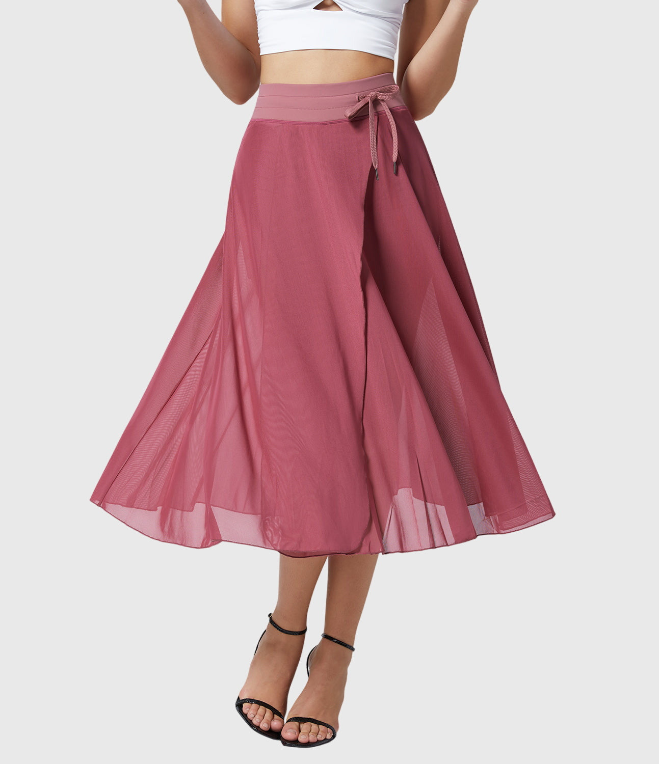 Jupe midi évasée taille haute pour femme avec cordon ajustable