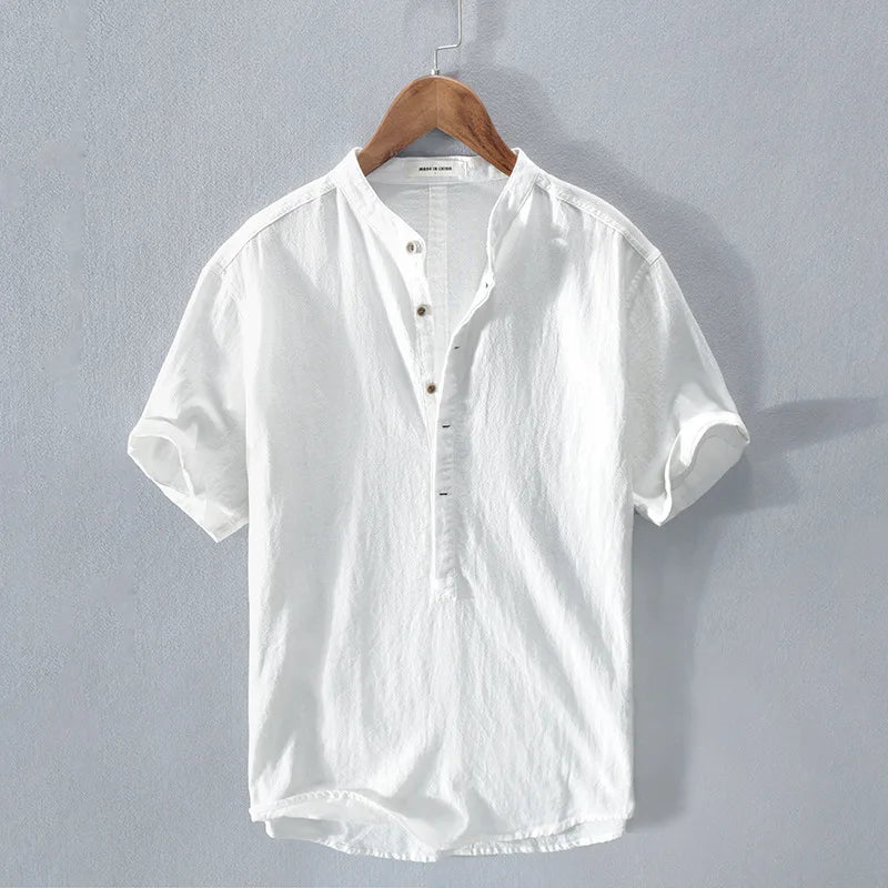 Men's Short-Sleeve Linen and Cotton T-Shirt with Henley Button Neck