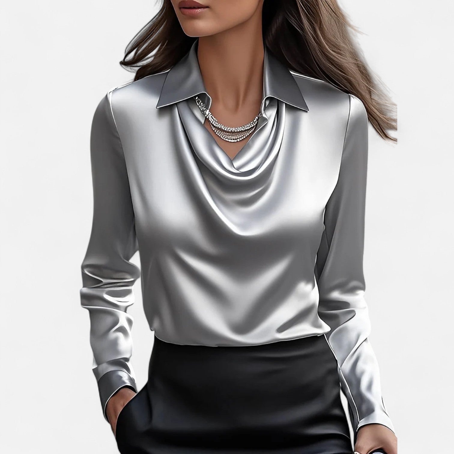 Blusa de satén con escote drapeado para mujer — oficina y eventos
