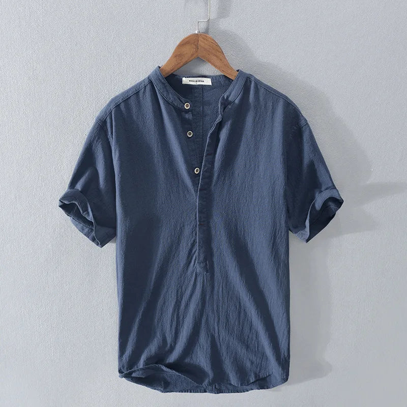 Men's Short-Sleeve Linen and Cotton T-Shirt with Henley Button Neck