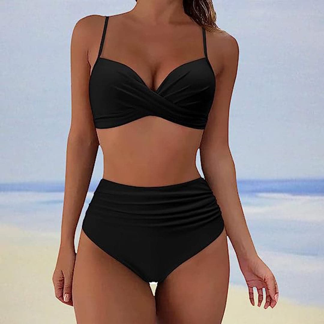 Bikini de Talle Alto con Top de Frente Cruzado y Laterales Fruncidos