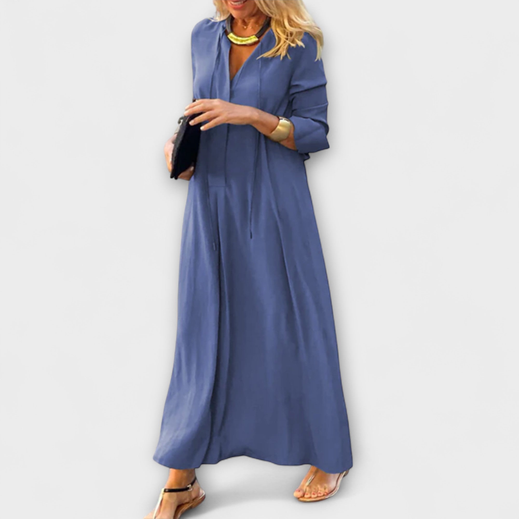 Long Cotton Dress with V-Neck and Loose Fit for Women
