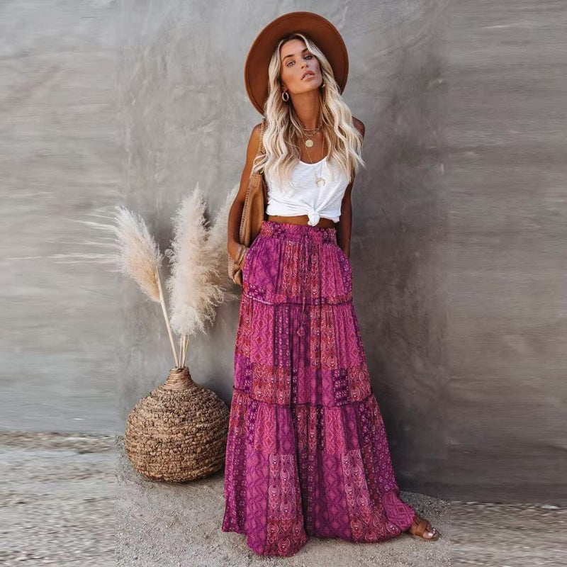 Gonna maxi da donna con stampa floreale e vita alta — spiaggia