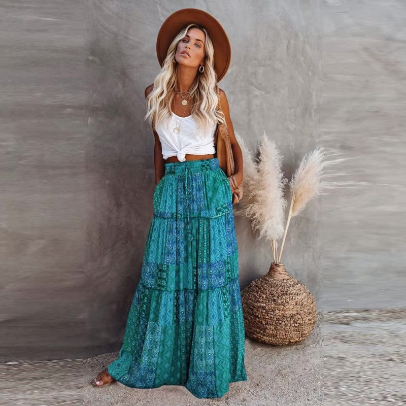 Gonna maxi da donna con stampa floreale e vita alta — spiaggia