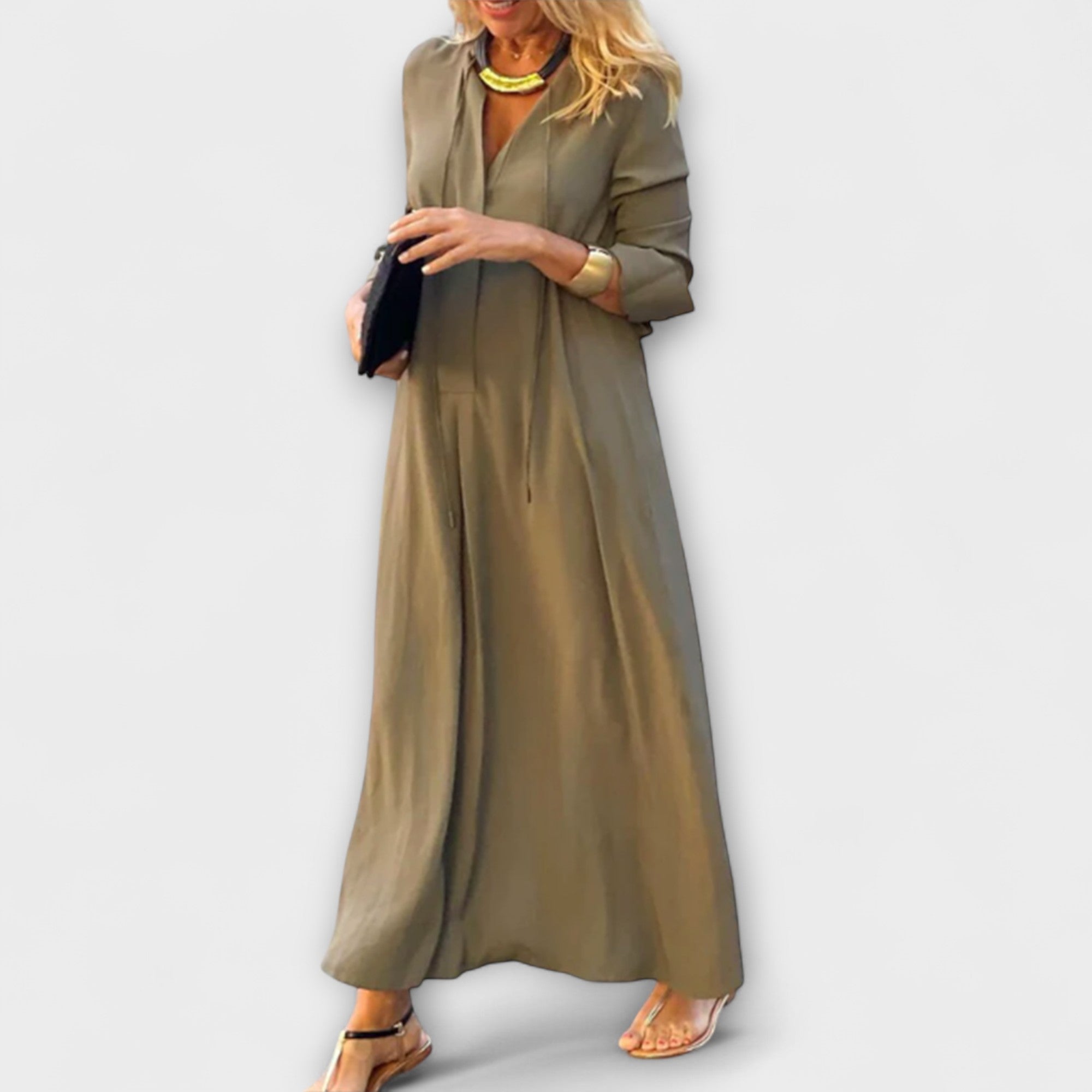 Long Cotton Dress with V-Neck and Loose Fit for Women