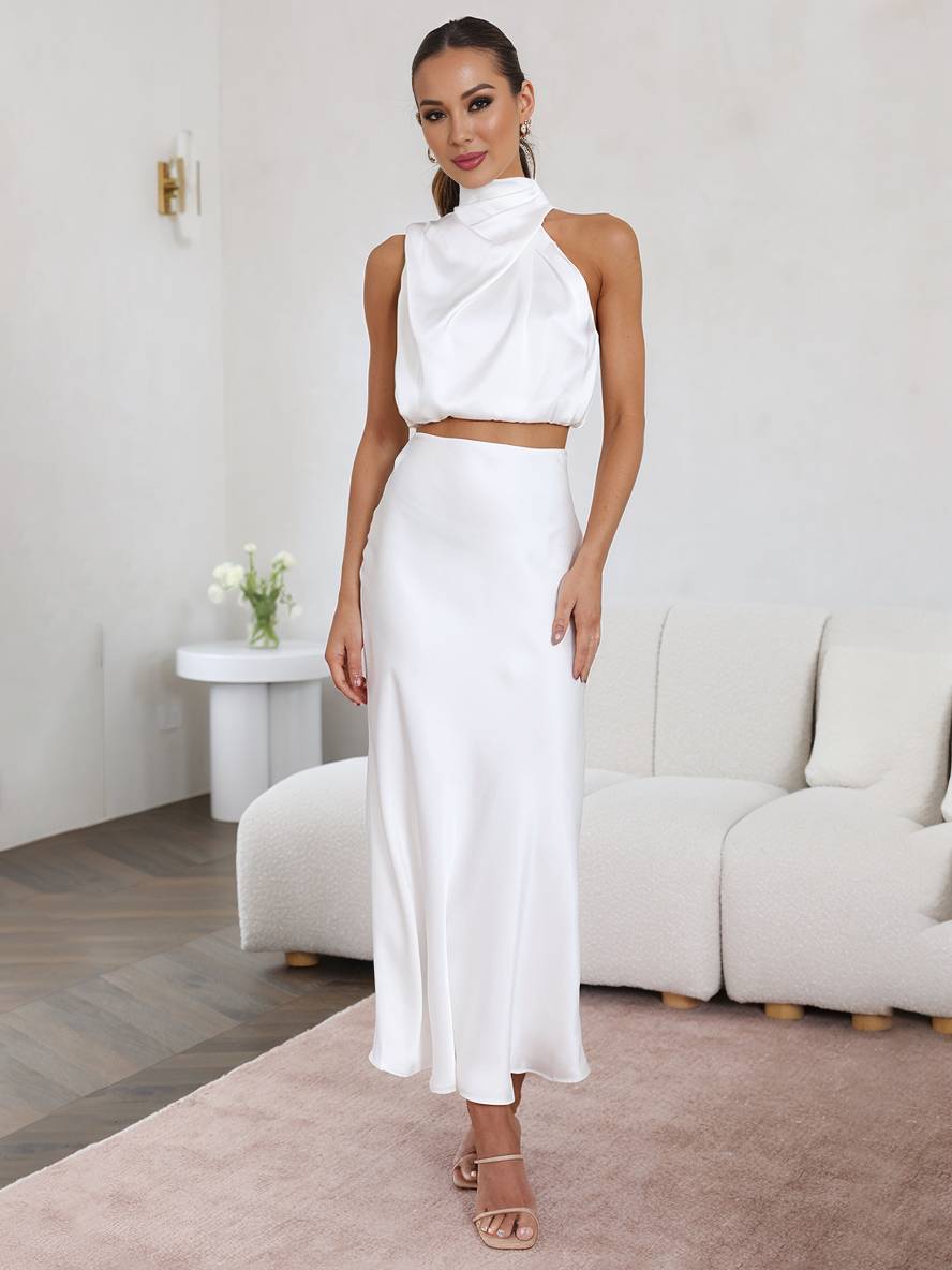 Set de două piese pentru femei cu top halter din satin și fustă maxi