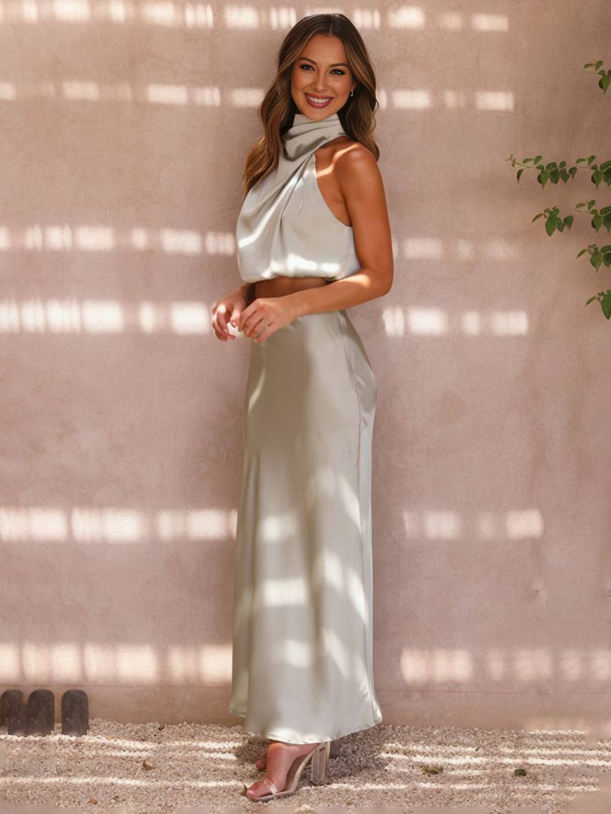 Set de două piese pentru femei cu top halter din satin și fustă maxi