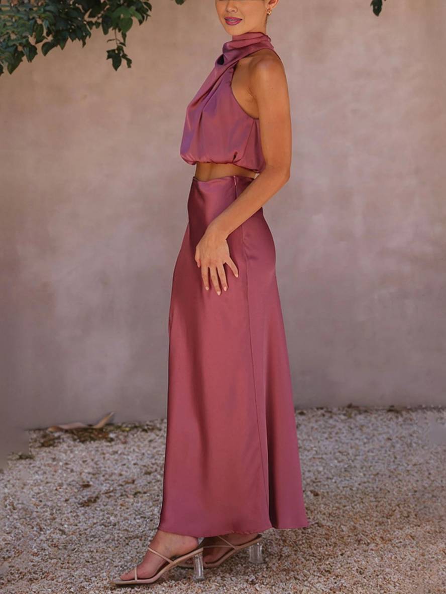 Set de două piese pentru femei cu top halter din satin și fustă maxi