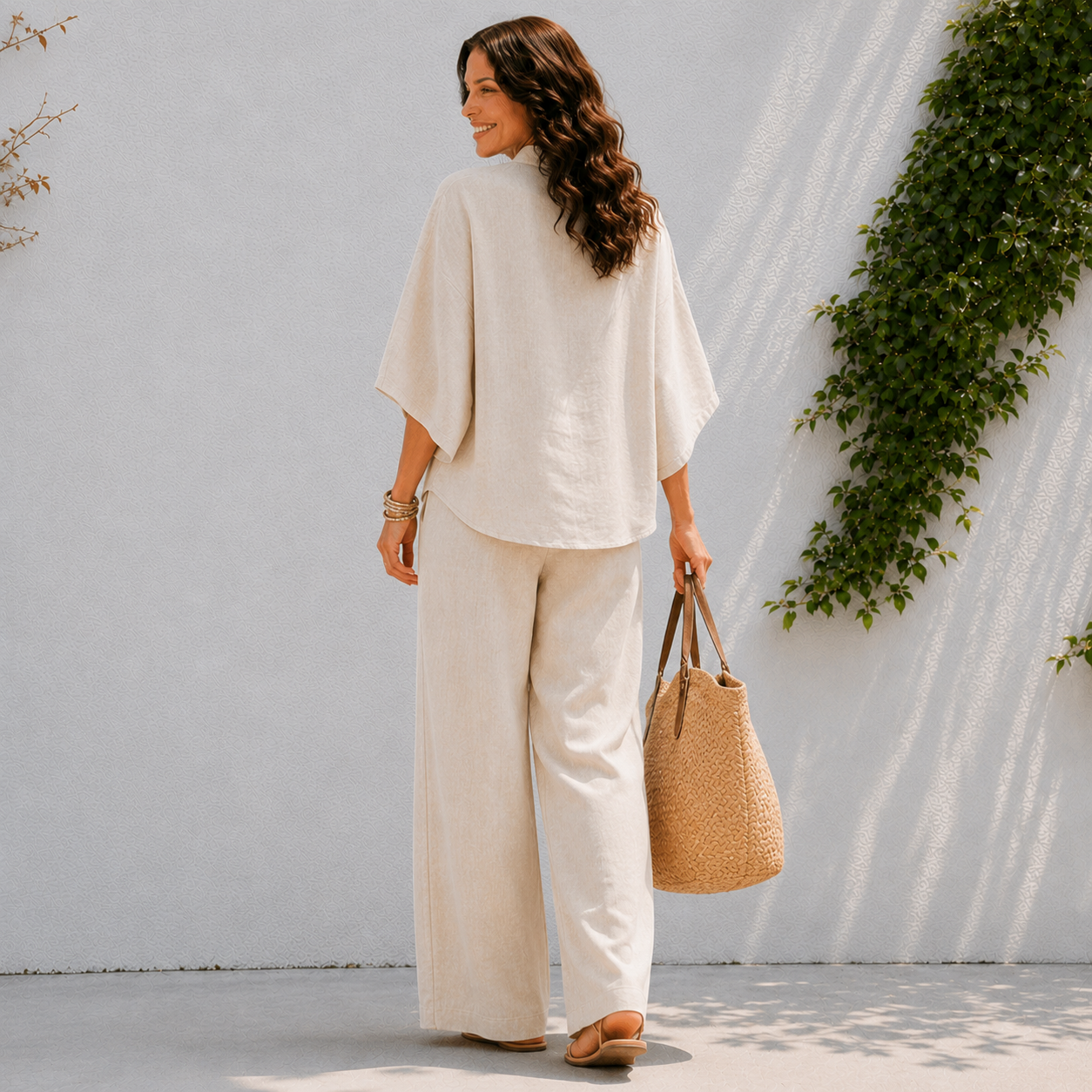 Ensemble deux pièces pour femme - chemise boutonnée et pantalon large décontracté