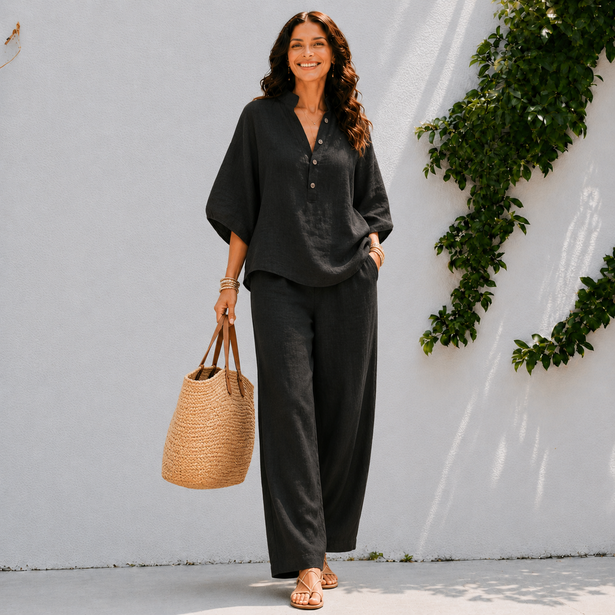 Ensemble deux pièces pour femme - chemise boutonnée et pantalon large décontracté