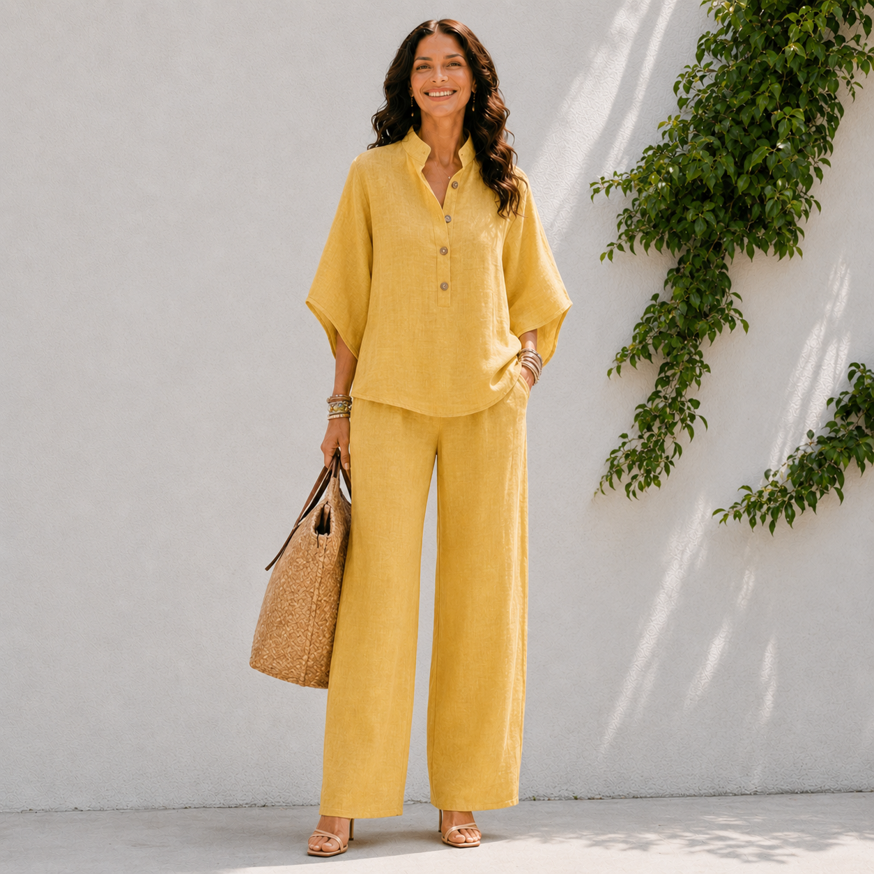 Ensemble deux pièces pour femme - chemise boutonnée et pantalon large décontracté