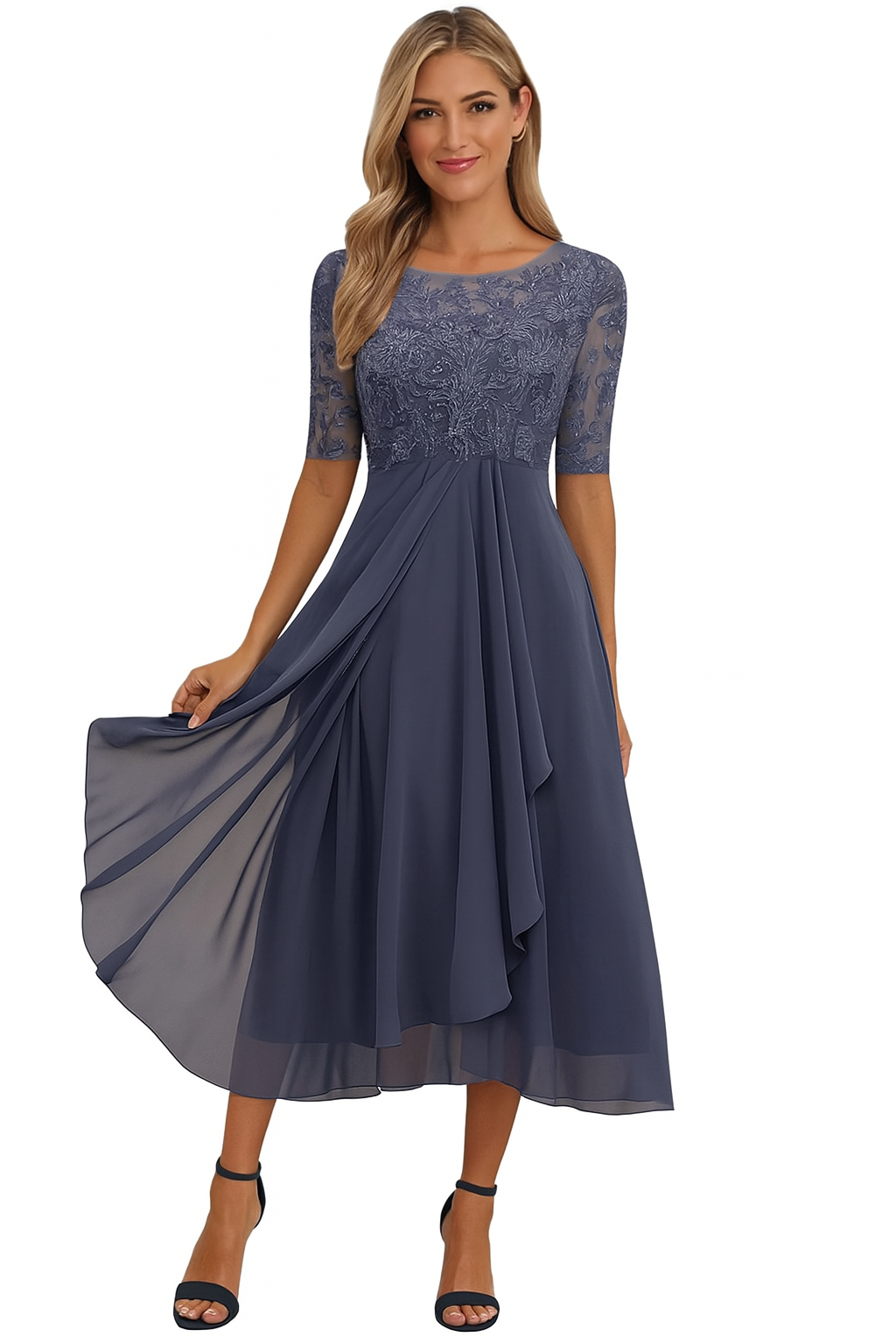 Vestido midi encaje y gasa | corte en línea a | mangas cortas | para eventos