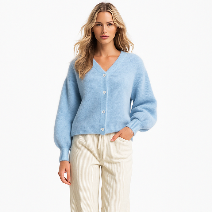Chaqueta de punto para mujer con botones de nácar y cuello de pico elegante