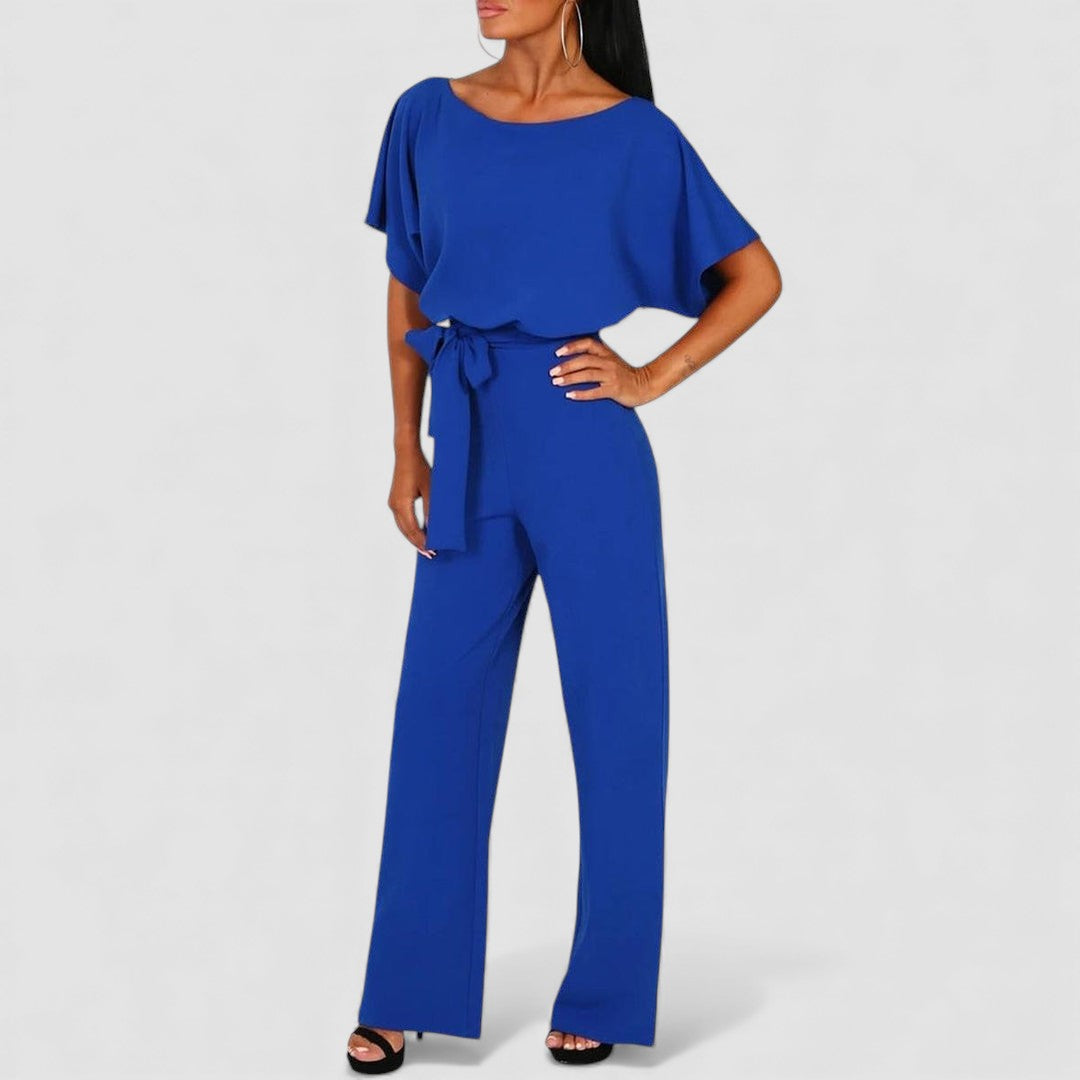Combinaison longue jambes larges manches courtes évasées et ceinture pour femme