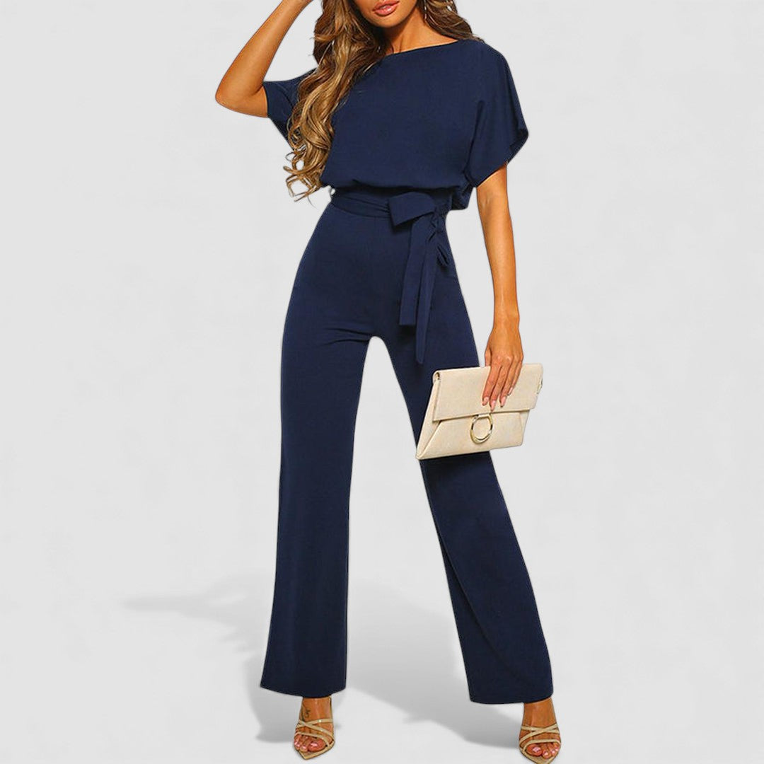 Combinaison longue jambes larges manches courtes évasées et ceinture pour femme