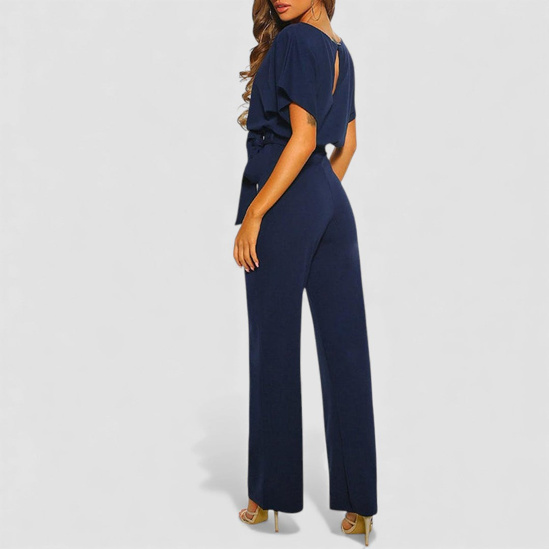 Combinaison longue jambes larges manches courtes évasées et ceinture pour femme