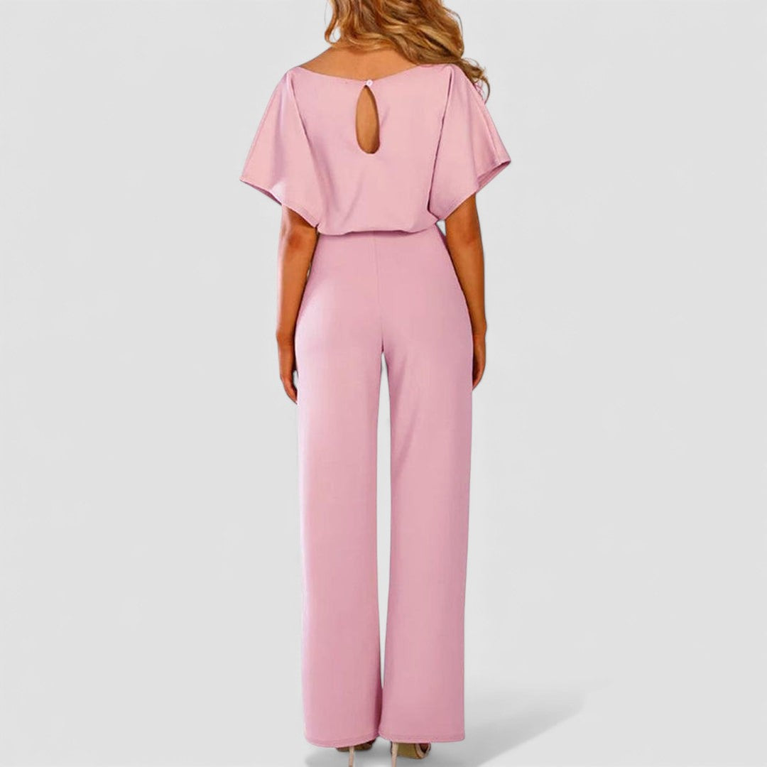 Combinaison longue jambes larges manches courtes évasées et ceinture pour femme