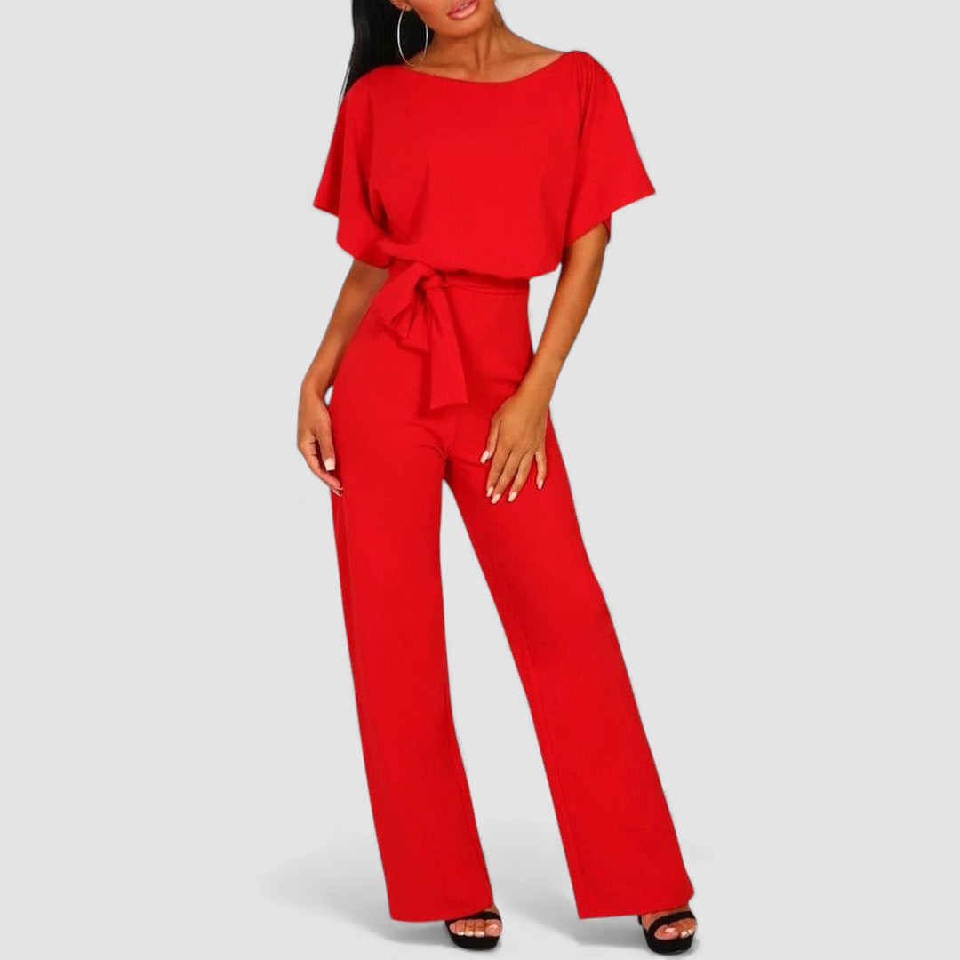 Combinaison longue jambes larges manches courtes évasées et ceinture pour femme