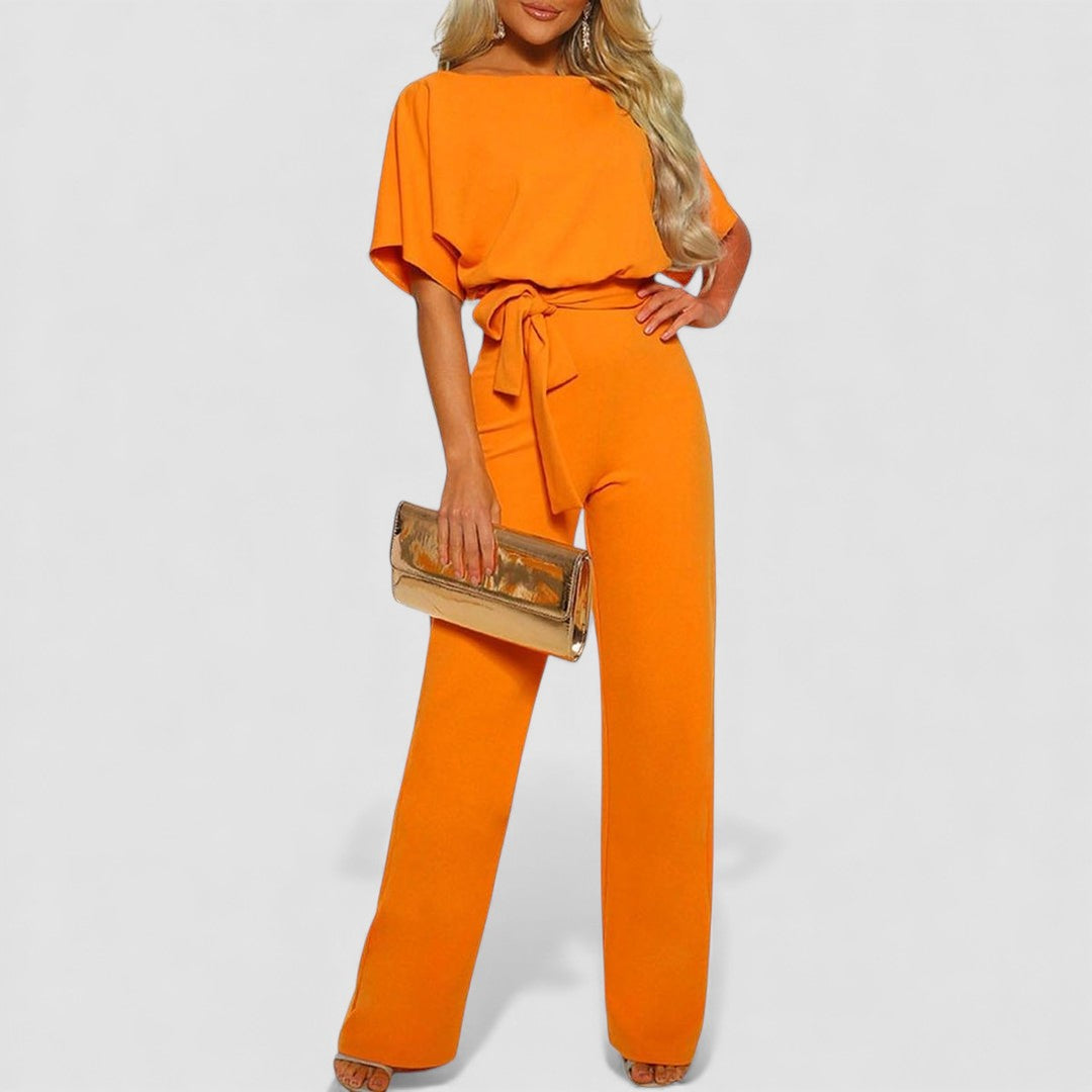 Combinaison longue jambes larges manches courtes évasées et ceinture pour femme