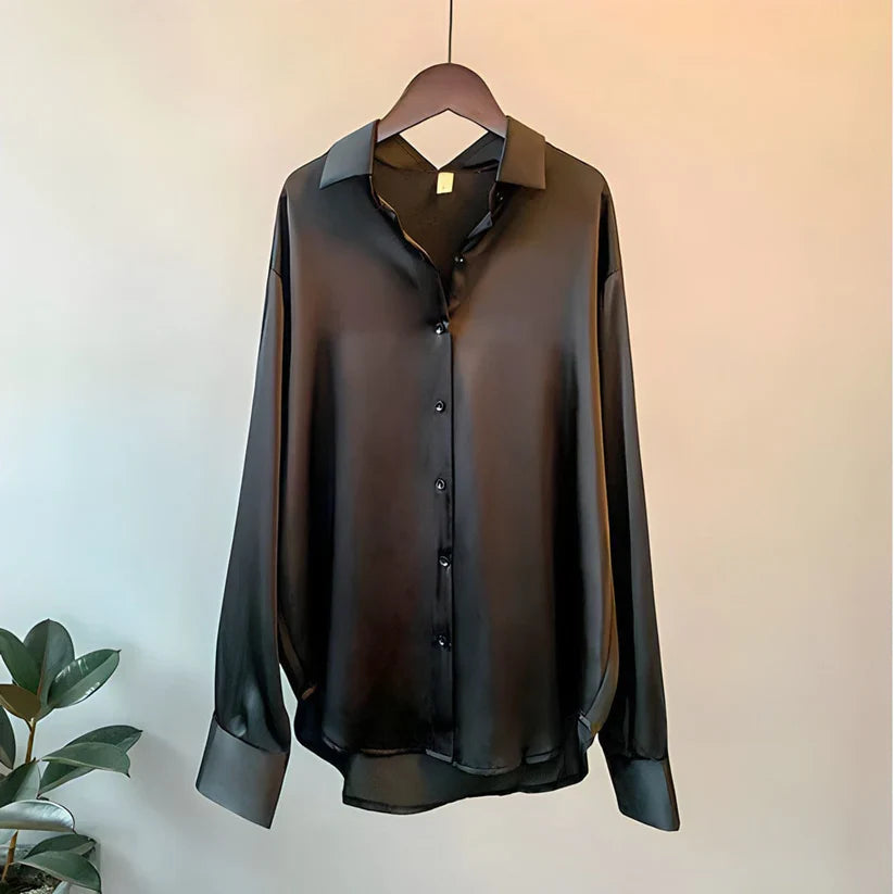 Blouse en satin pour femme à manches longues avec col à revers et boutons devant