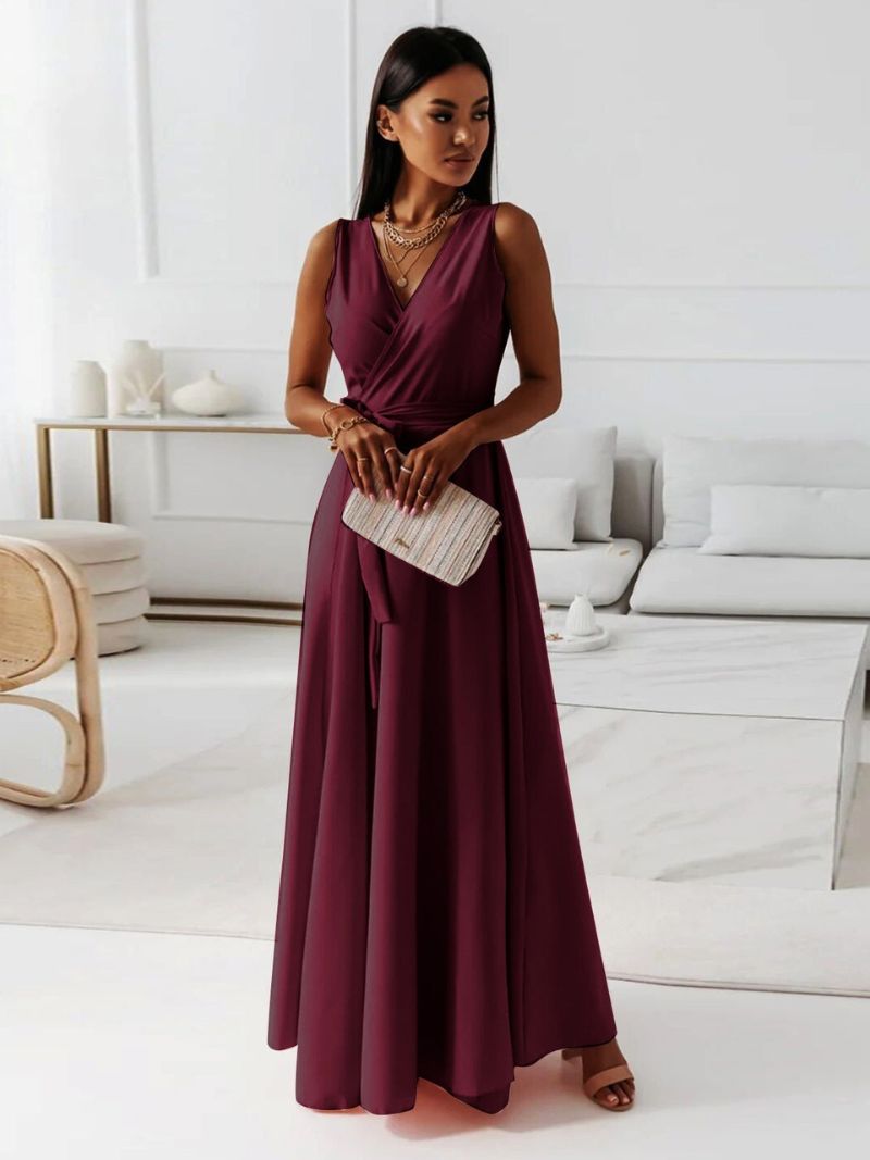 Wedding Guest Dress with V-Neck and Flowing Maxi Skirt for Women