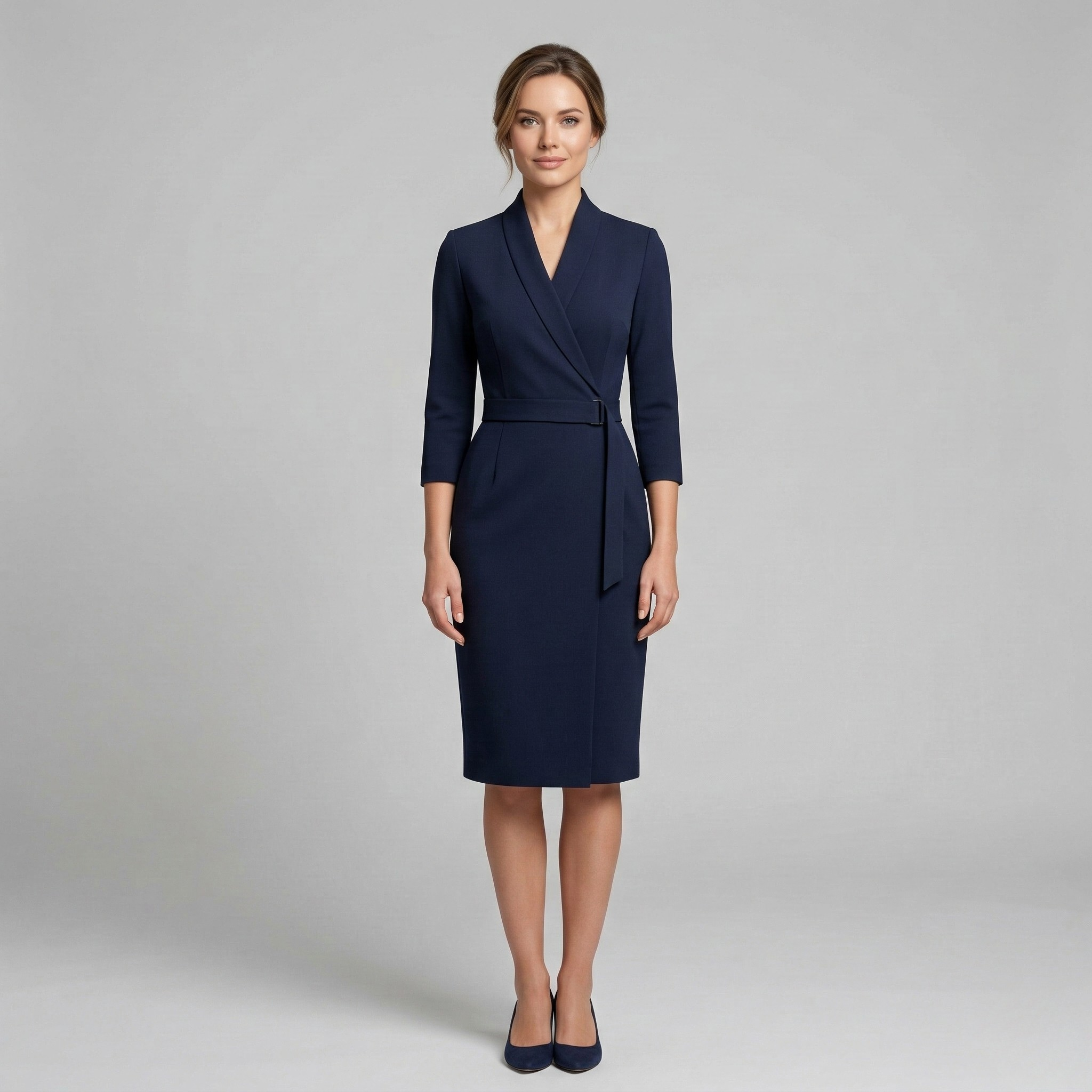 Vestito midi a tubino con collo alto e maniche 3/4 con cintura da donna