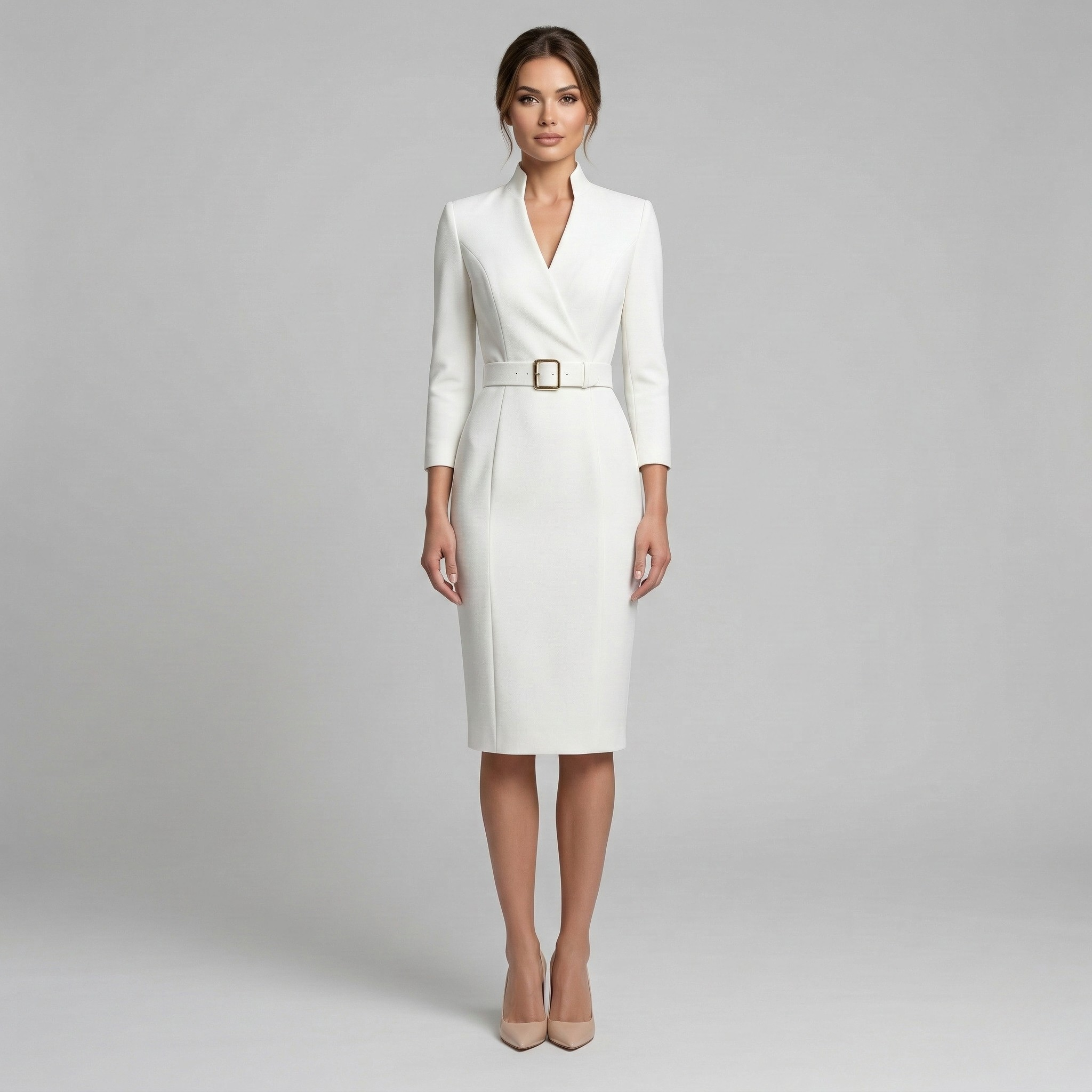 Vestito midi a tubino con collo alto e maniche 3/4 con cintura da donna