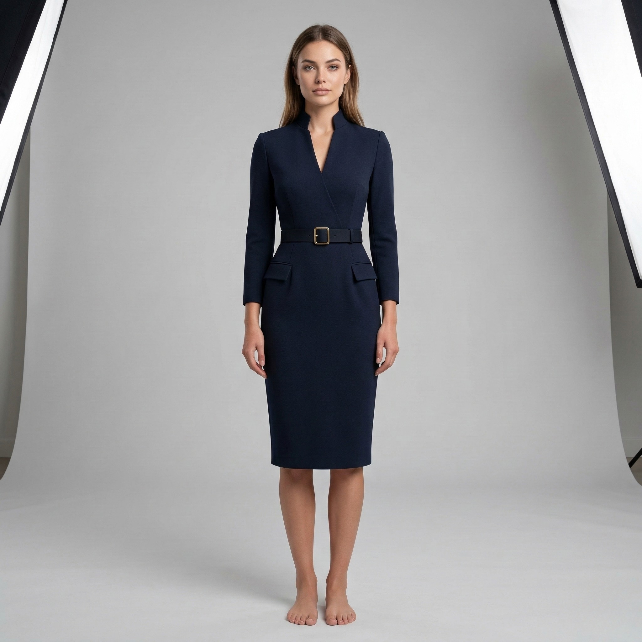 Vestito midi a tubino con collo alto e maniche 3/4 con cintura da donna
