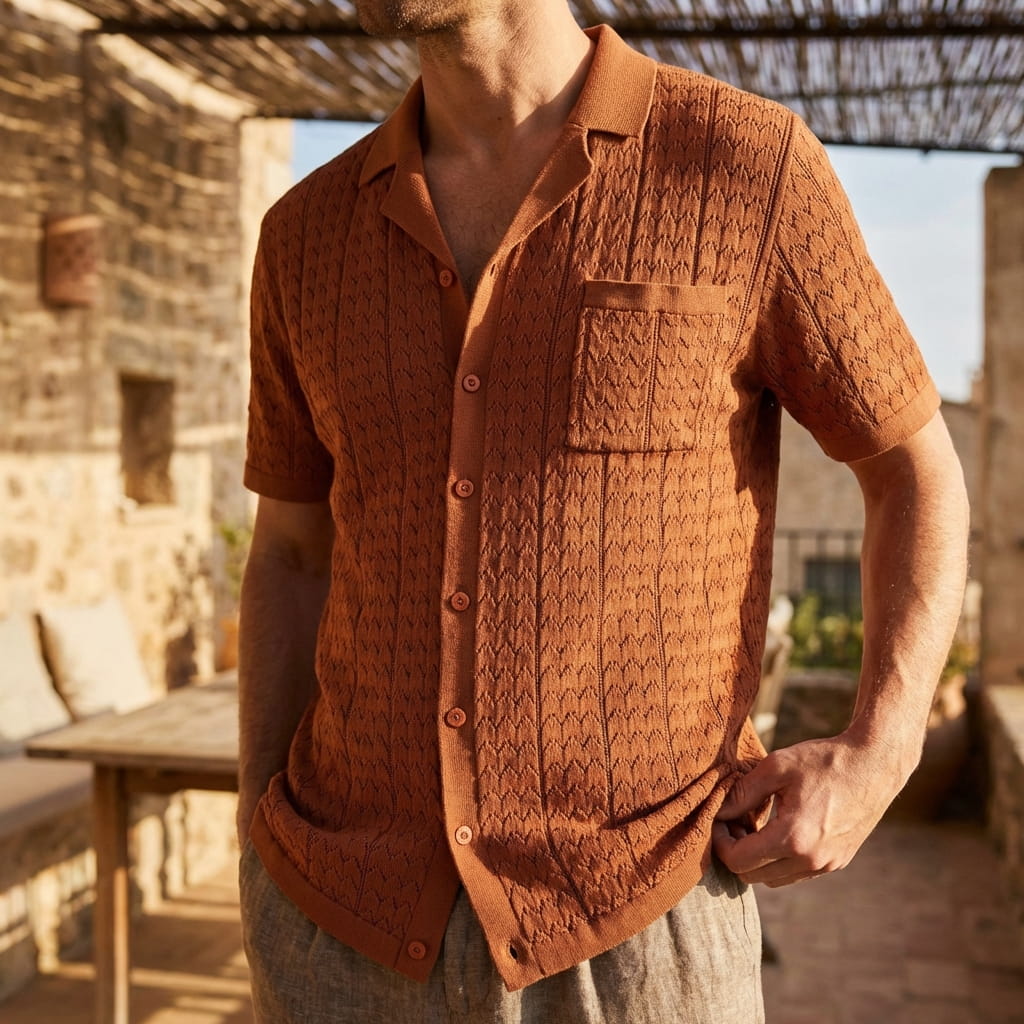 Polo da uomo in maglia con motivo geometrico e tasca — vacanze