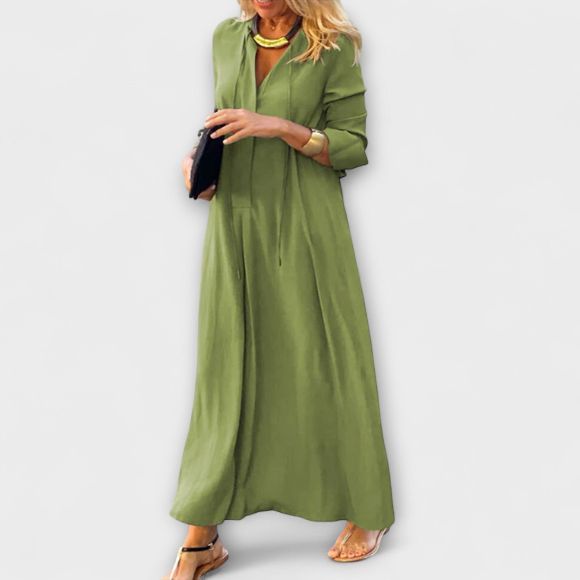Long Cotton Dress with V-Neck and Loose Fit for Women