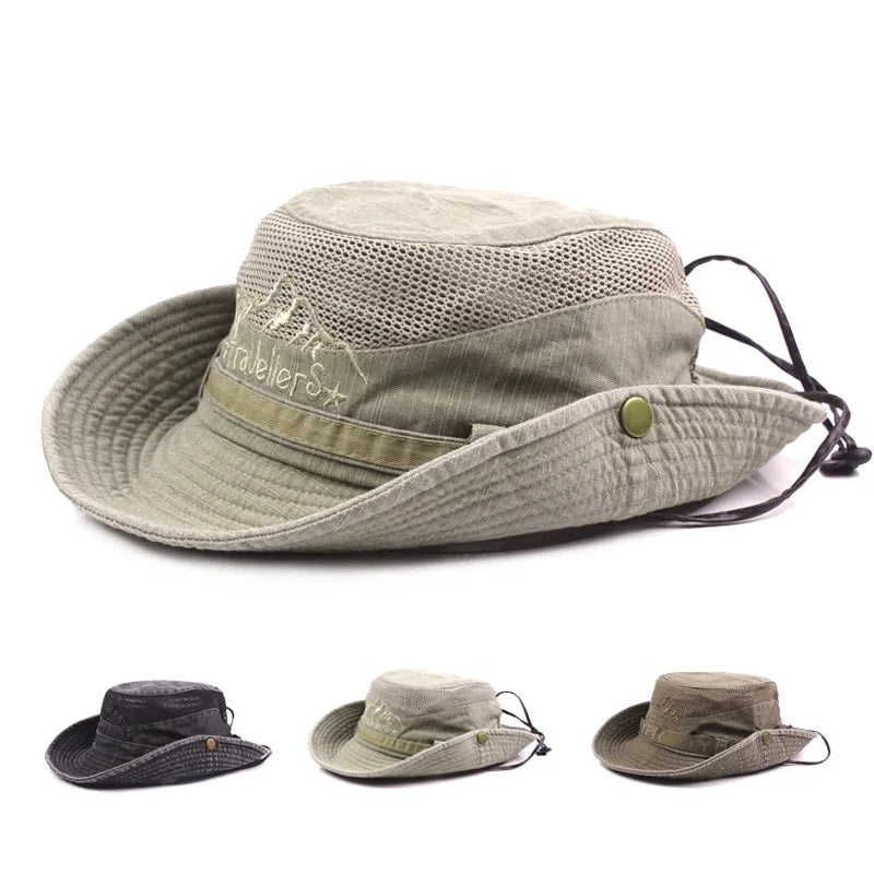Unisex bavlněný klobouk typu bucket s prodyšnou síťovinou na cestování