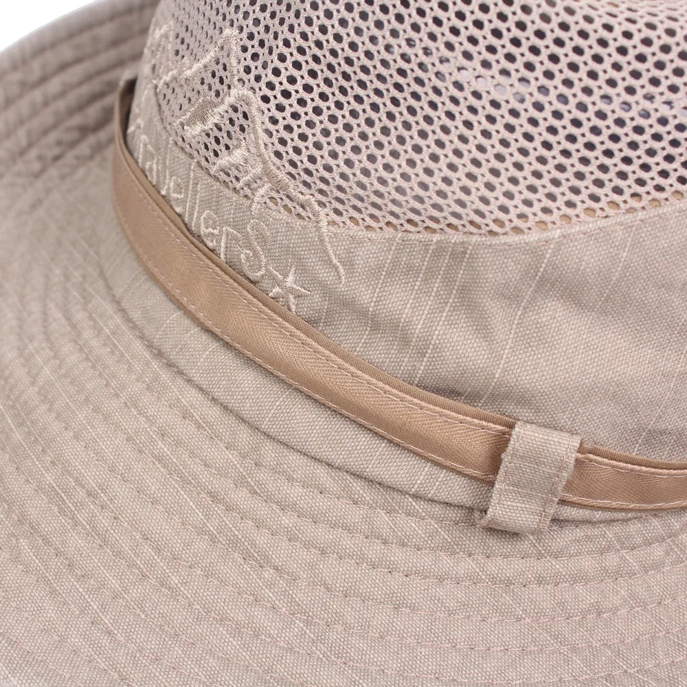 Unisex bavlněný klobouk typu bucket s prodyšnou síťovinou na cestování