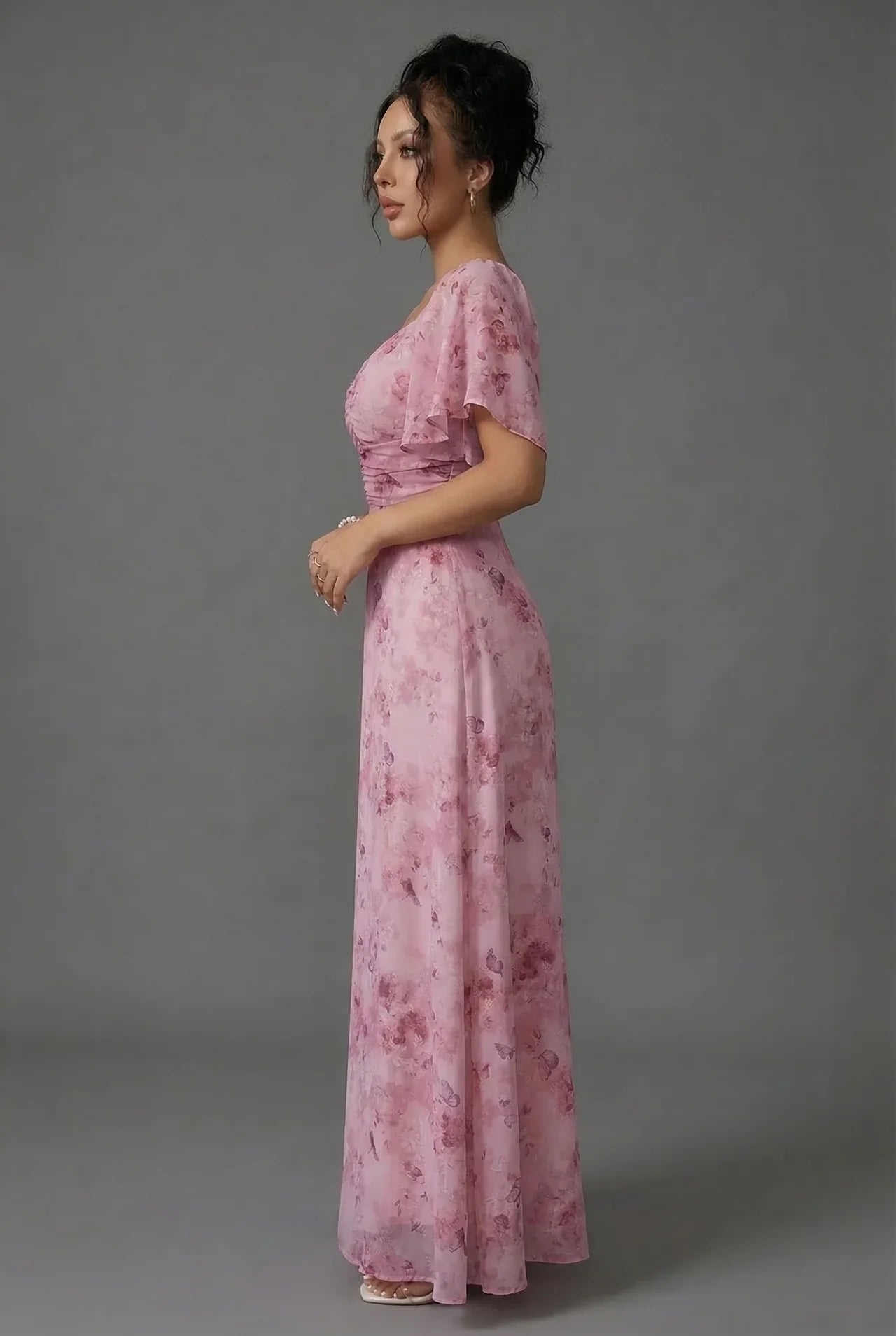 Long Wedding Guest Dress with Floral Print and Ruffle Sleeves