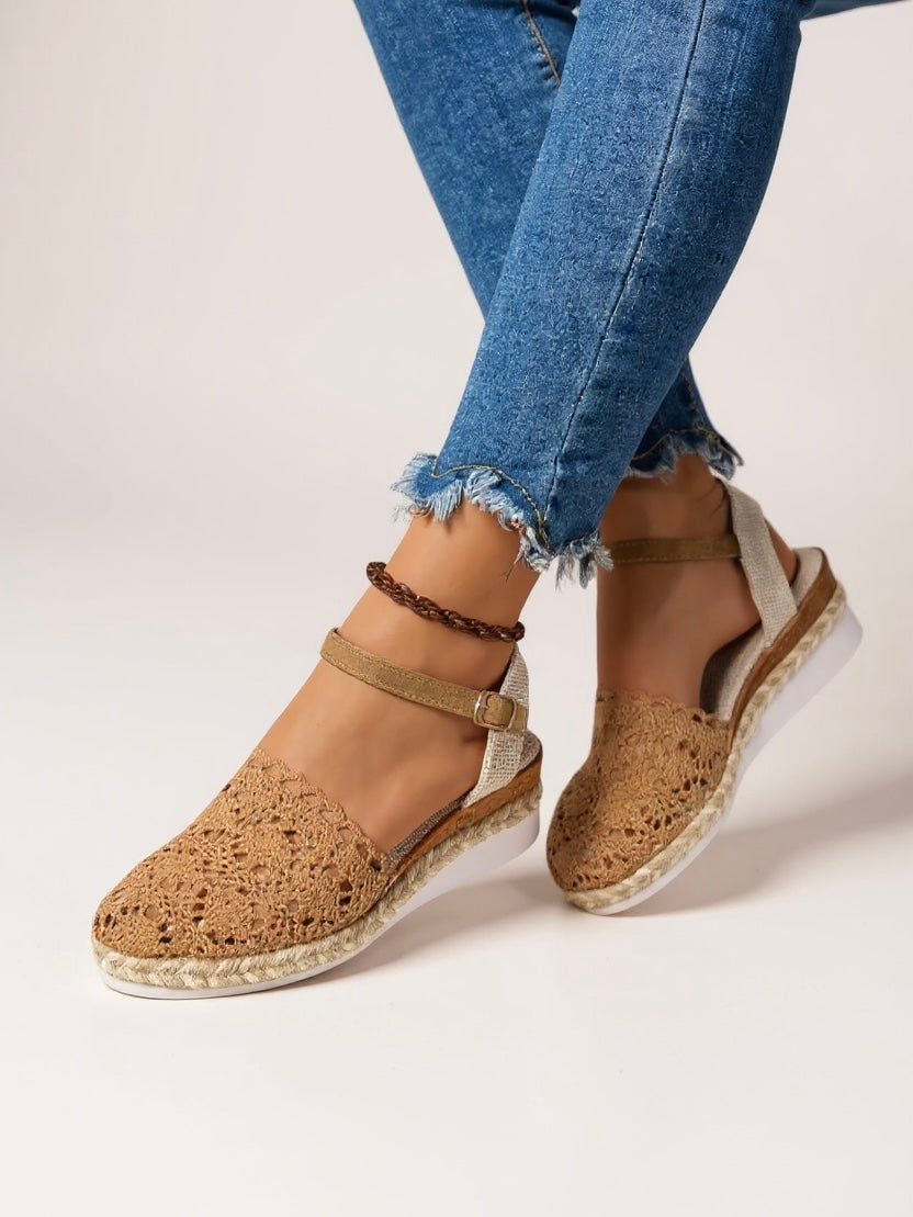 Sandalias de cuña para mujer con tira al tobillo y acabado natural - vacaciones
