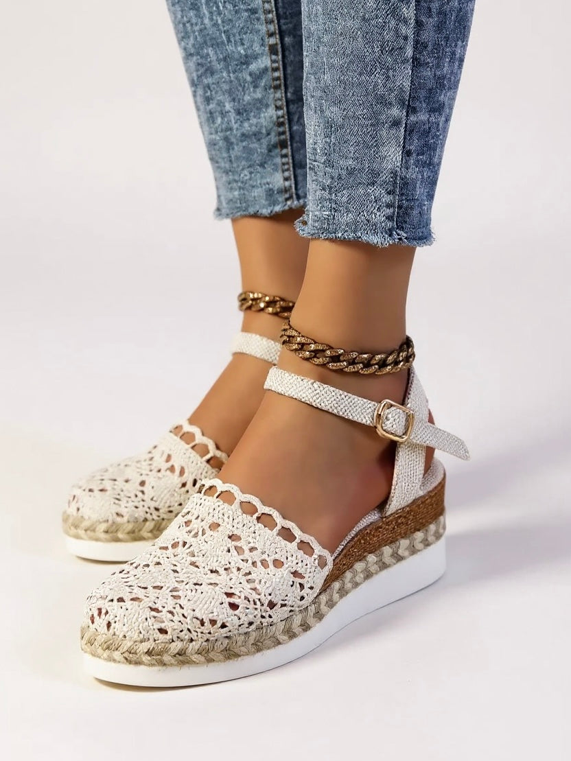 Sandalias de cuña para mujer con tira al tobillo y acabado natural - vacaciones