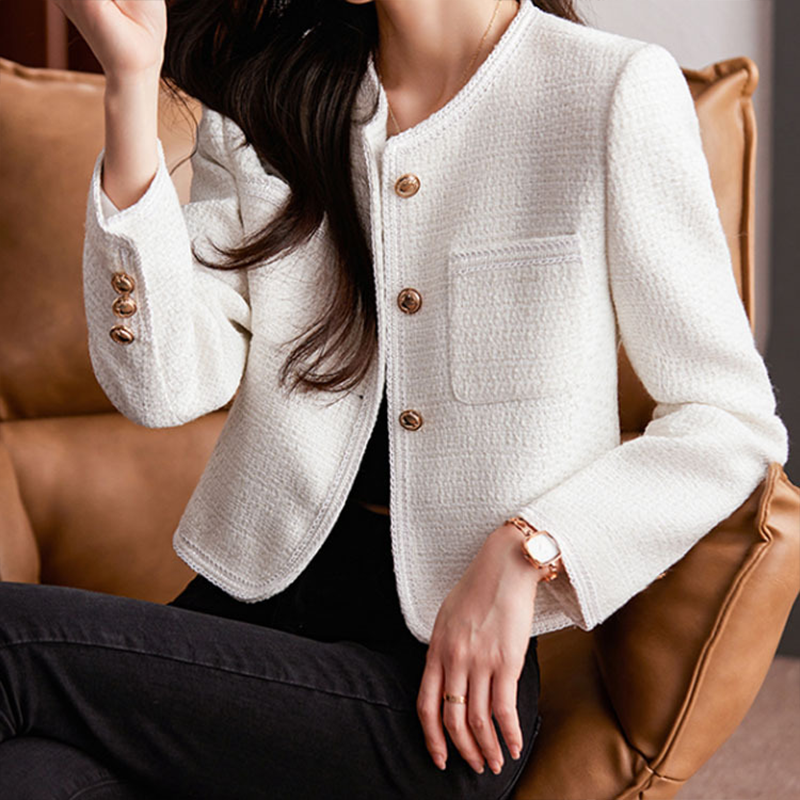 Chaqueta Corta de Estilo Tweed con Botones Decorativos y Cuello Redondo para Mujer