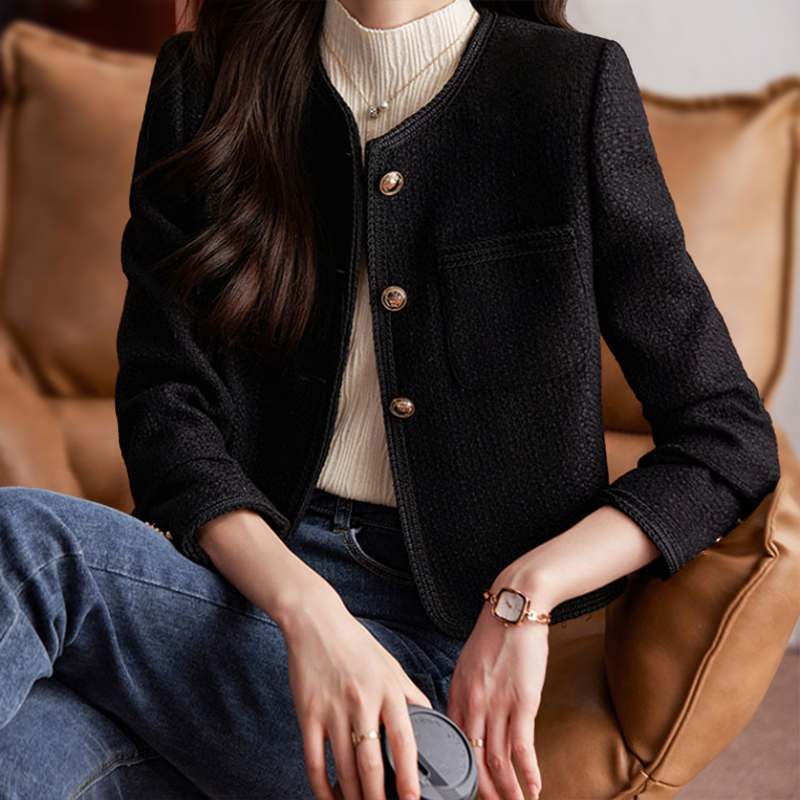 Chaqueta Corta de Estilo Tweed con Botones Decorativos y Cuello Redondo para Mujer