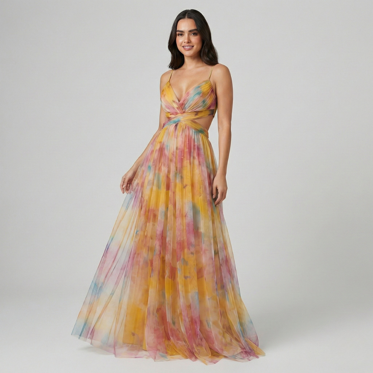 Long Sleeveless Silk Dress with Gradient Print and Waist Slits