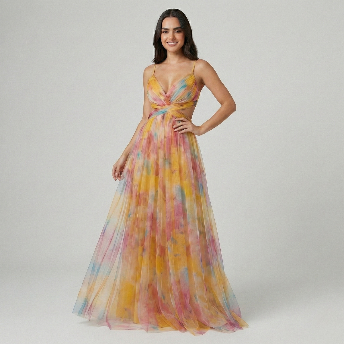 Long Sleeveless Silk Dress with Gradient Print and Waist Slits