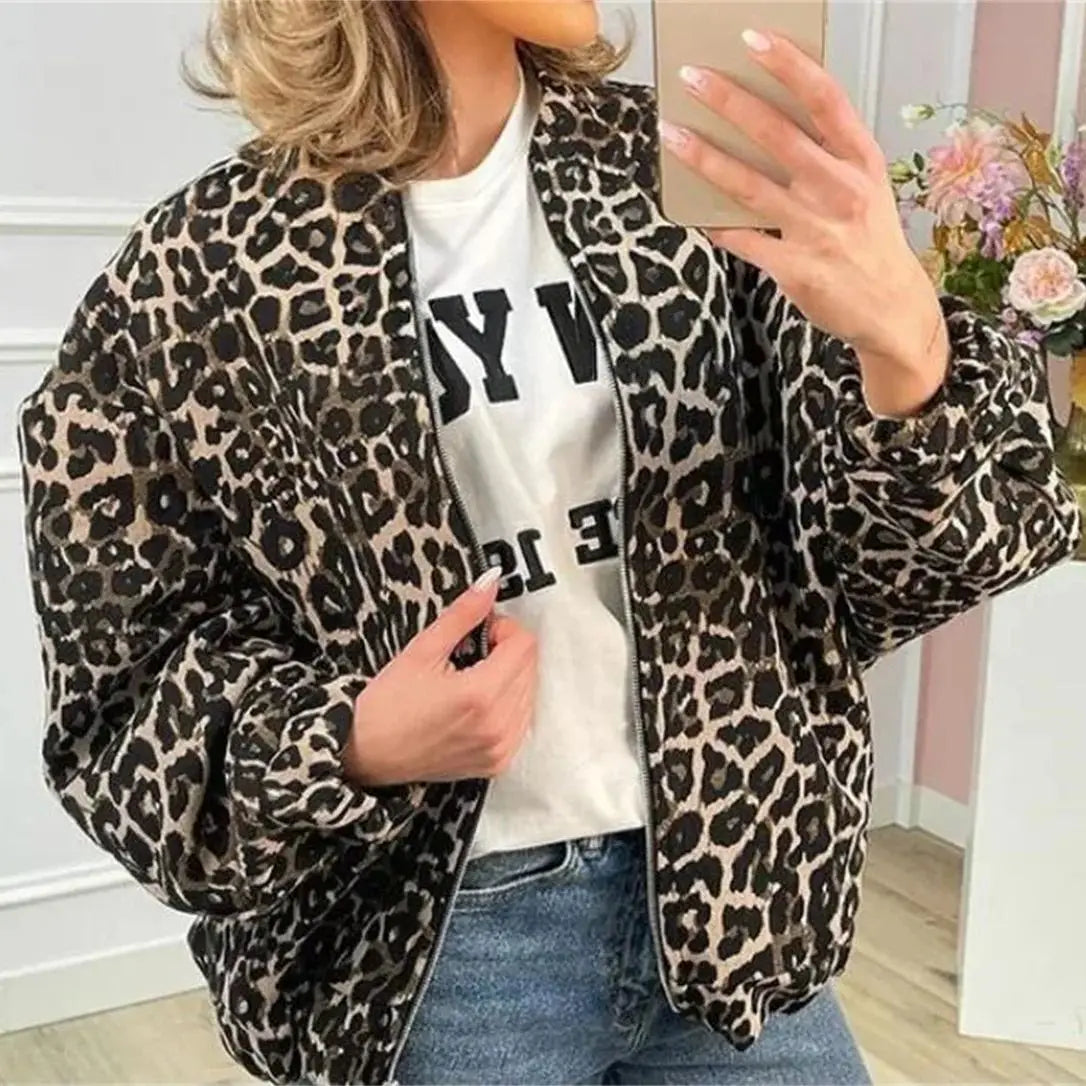 Veste Bomber Femme à Imprimé Léopard avec Fermeture Éclair Frontale