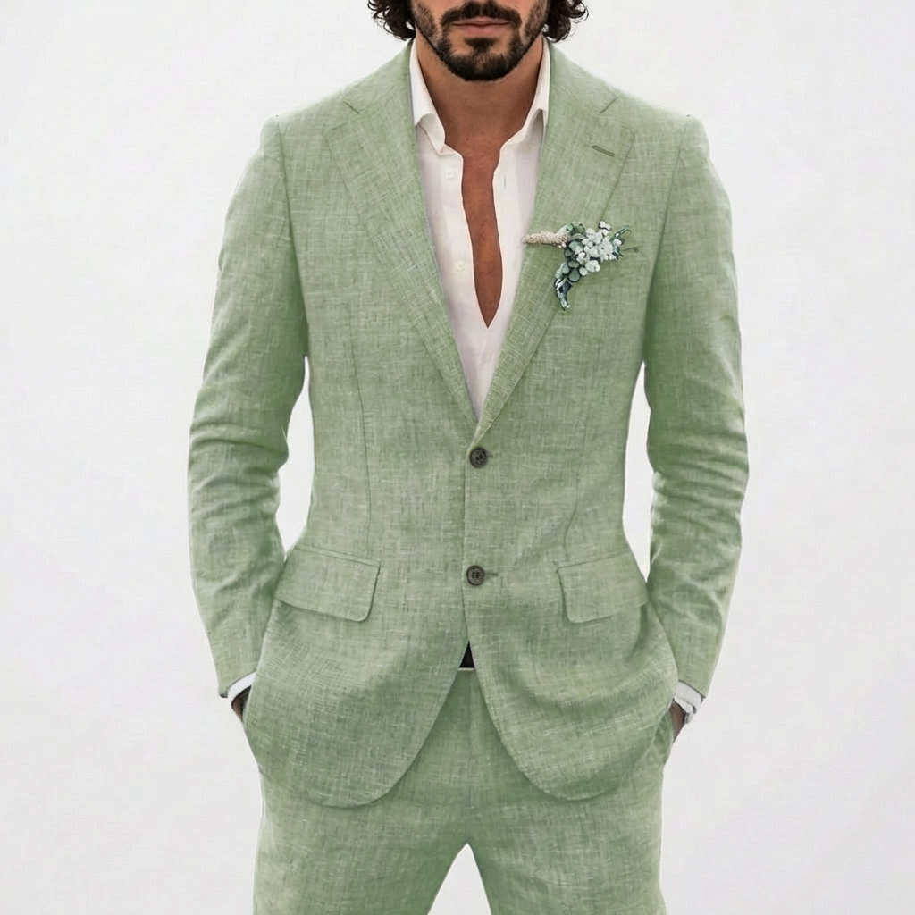 Two-Piece Linen Suit for Men Slim Fit Blazer and Pants Formal Wedding Set