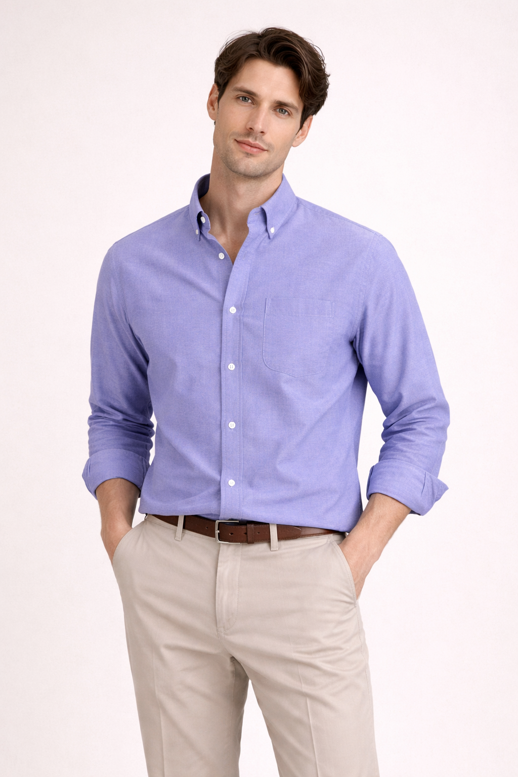Camisa casual de manga comprida com bolso no peito e corte direito para homem
