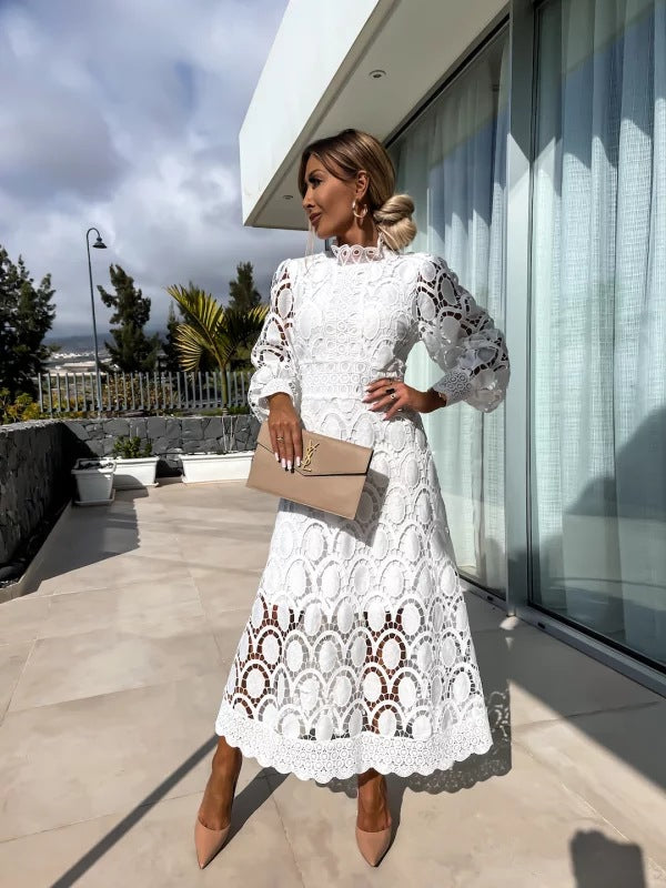 Vestido Largo de Mujer de Poliéster con Encaje Calado y Mangas Abullonadas