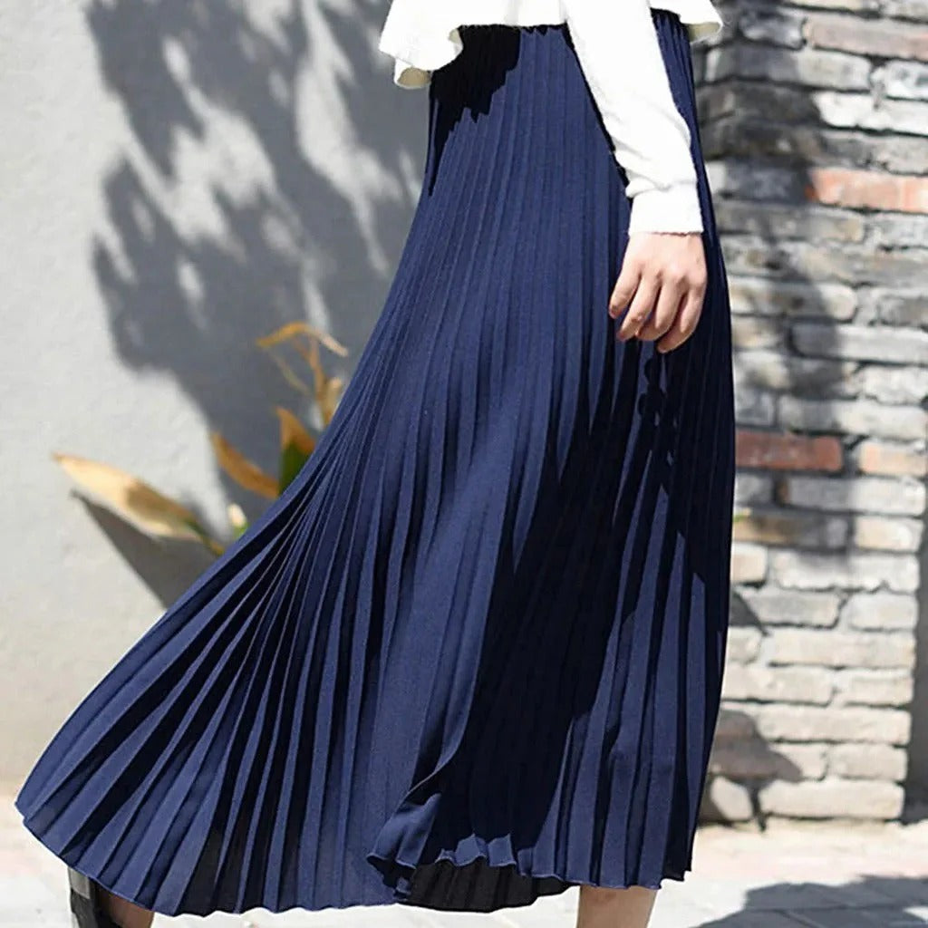 Jupe longue en polyester satiné avec taille haute élastique et design plissé