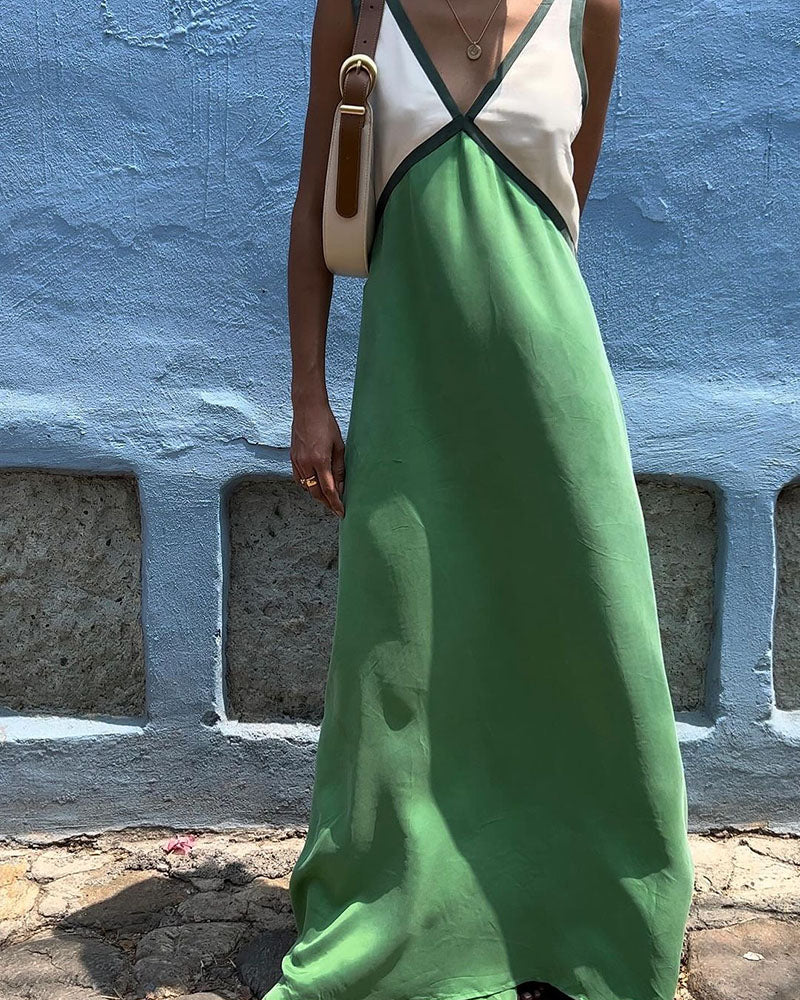 Vestido Largo de Poliéster con Cuello en V y Diseño de Patchwork en Contraste