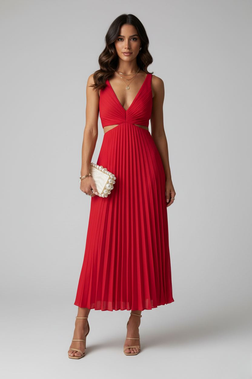 Robe longue en polyester et spandex avec col en V plissé et taille dégagée