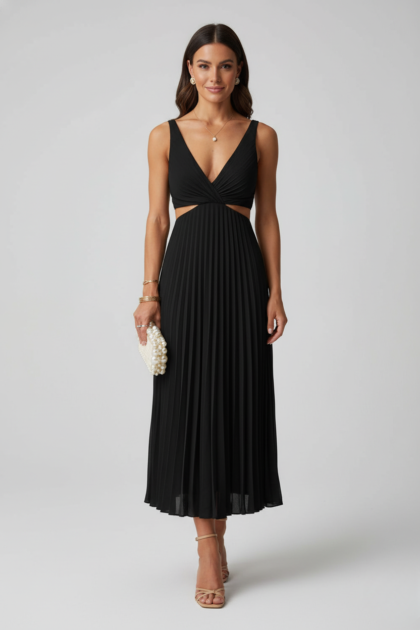 Robe longue en polyester et spandex avec col en V plissé et taille dégagée