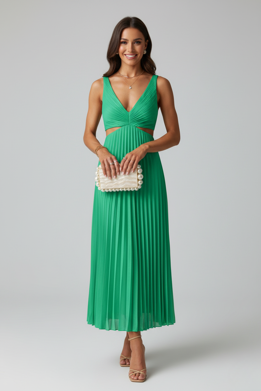 Robe longue en polyester et spandex avec col en V plissé et taille dégagée