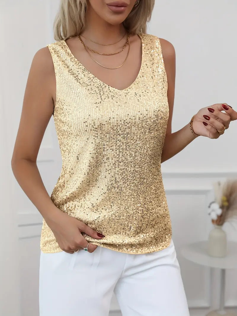 Női pántos flitteres top V-nyakkal, elegáns party stílusban