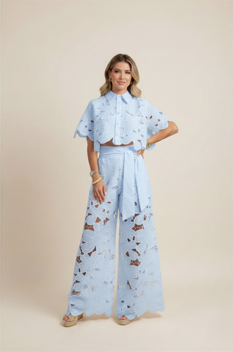 Two-Piece Polyester Set with Open Lace Shirt and Wide Pants